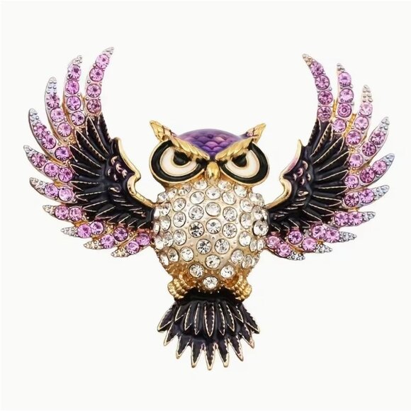 Betsey Johnson Purple Crystal Owl Brooch Gold Tone - Picture 1 of 2